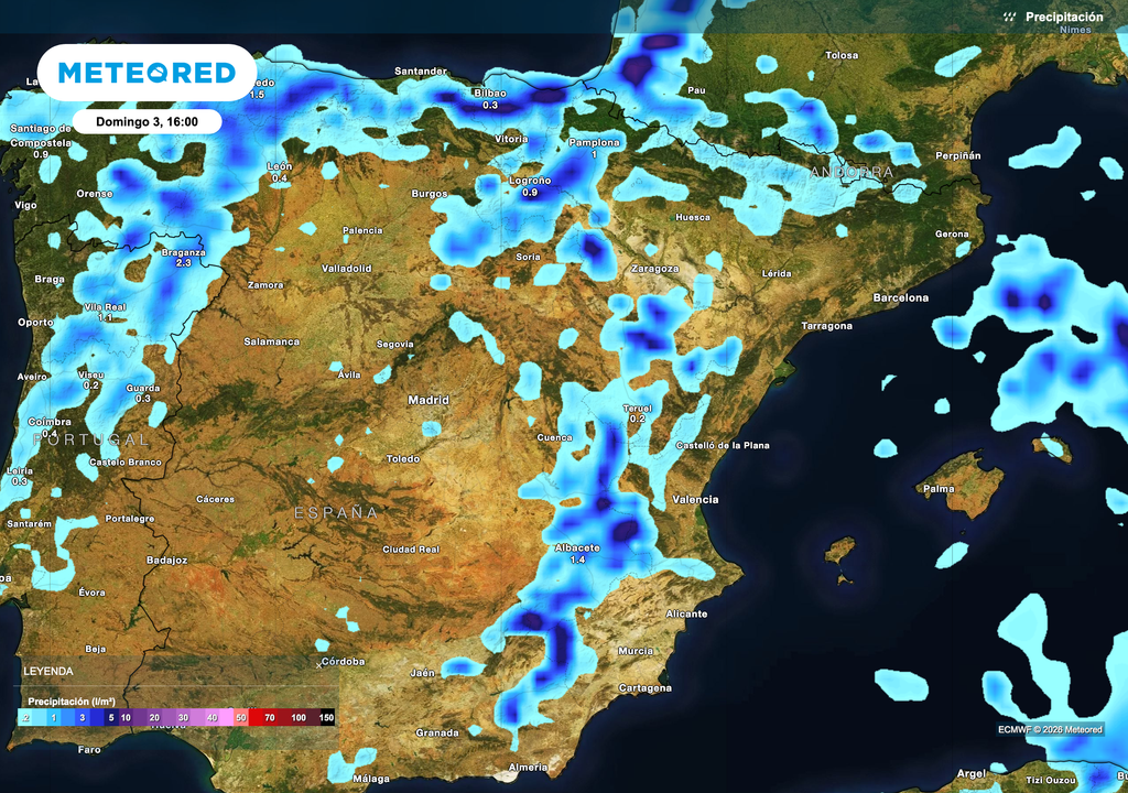 Previsión de chubascos para mañana domingo a las 16:00. Fuente: modelo europeo.