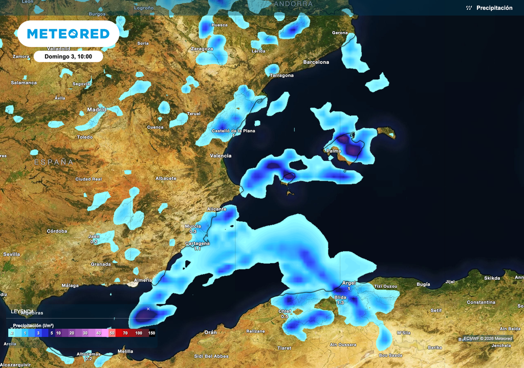 A primeras horas, el riesgo de chubascos se concentrará en el Mar Mediterráneo, en las costas del sureste peninsular y Baleares.