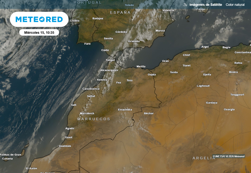 En las imágenes de satélite de esta mañana se aprecia cómo va ascendiendo la nube de polvo en suspensión desde el Sahara.