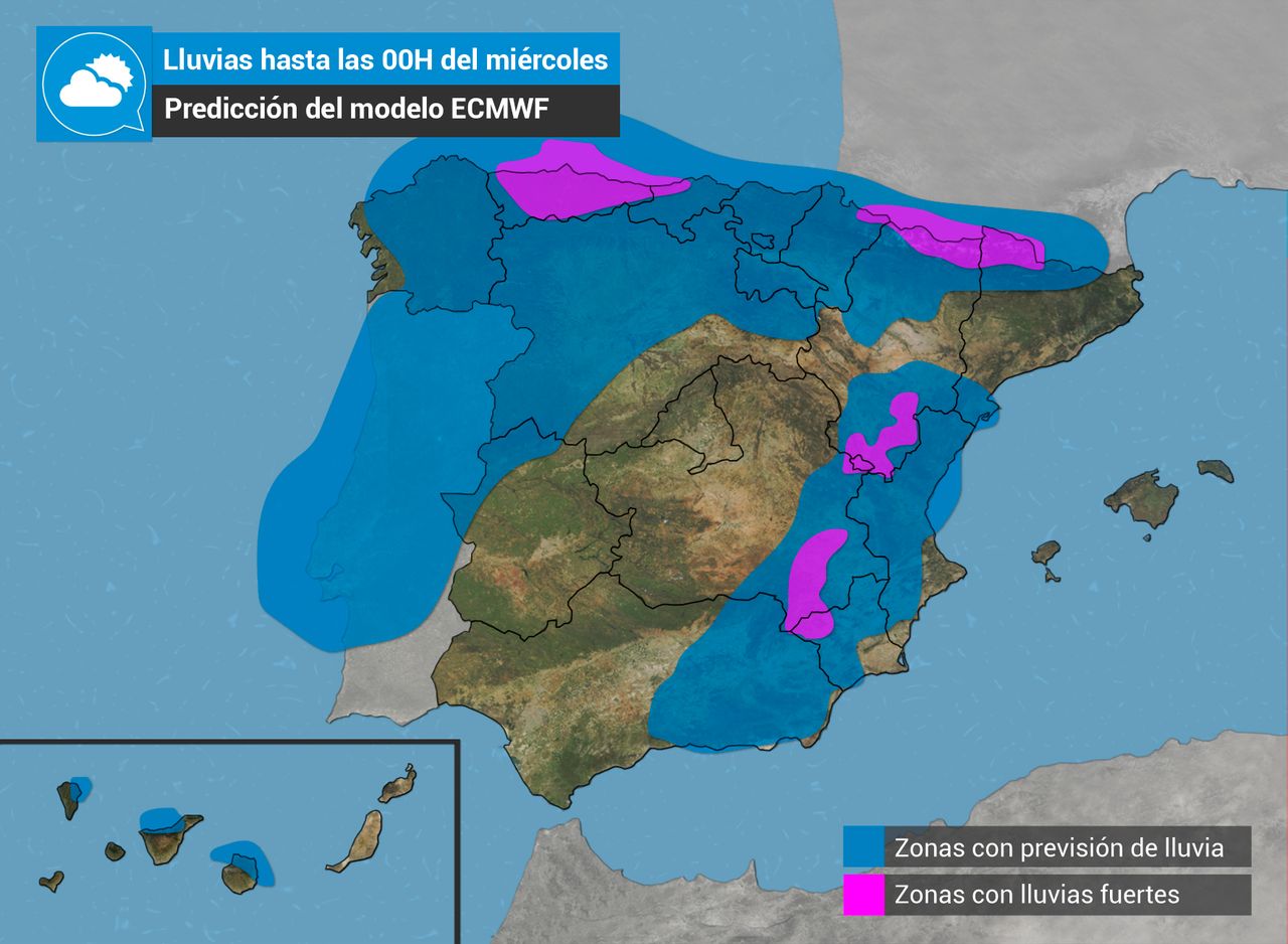 Acumulados de precipitación previstos por el modelo europeo hasta las 00H del miércoles. Tiempo.com