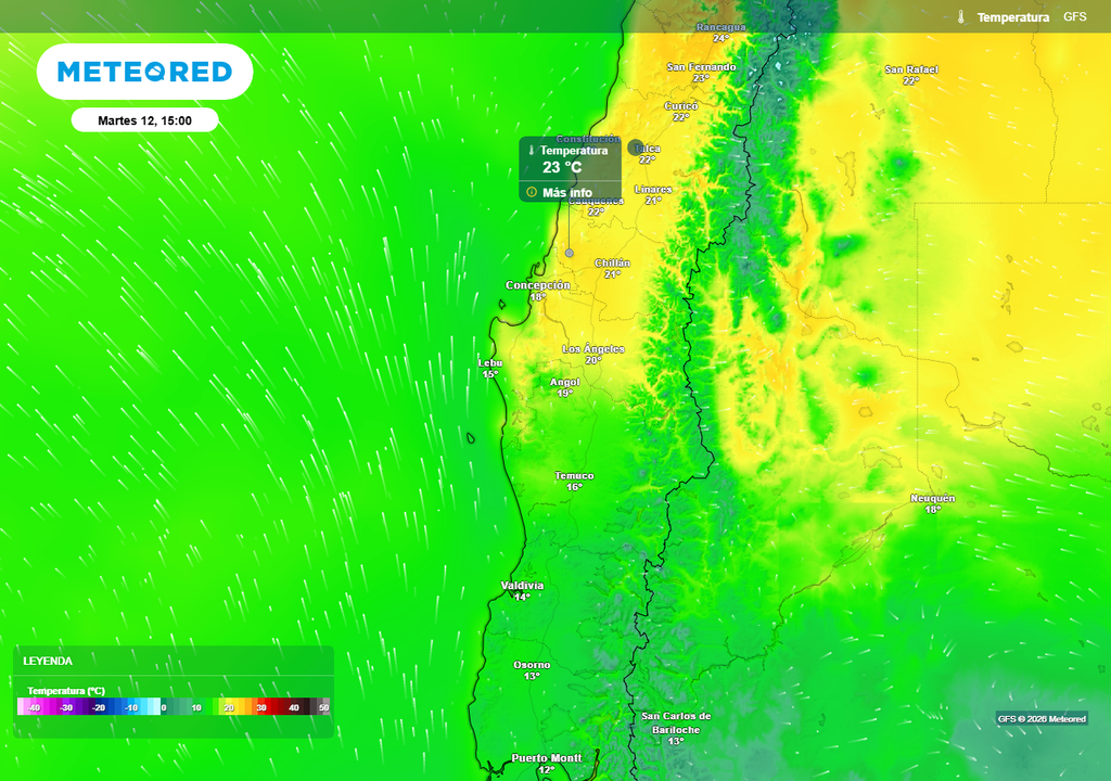 Temperatura máxima (°C) para el martes (12) en Chile centro-sur.