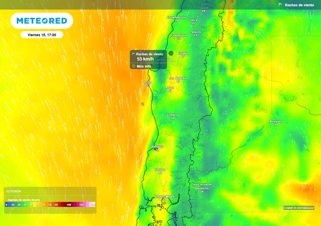 Rachas de viento (km/h) para la tarde del viernes (15) en el centro-sur de Chile.