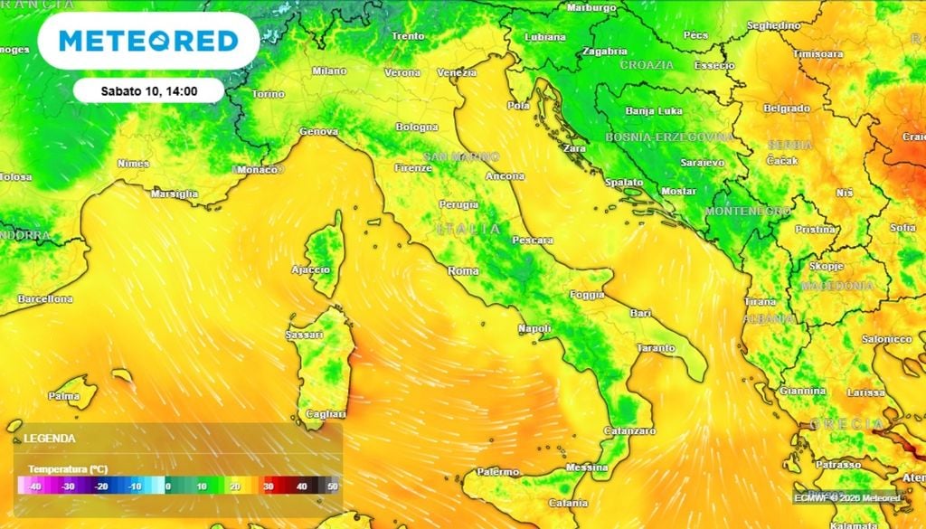 Per la giornata di sabato, l'aria fredda avrà fatto il suo ingresso su tutta la penisola, producendo un sensibile calo termico, soprattutto sulle regioni settentrionali, poi su quelle centrali e quindi anche su quelle meridionali. Il calo sarà meno sensibile sull'estremo sud e, in particolare, sull'area salentina dove le temperature saranno ancora miti. ECMWF-MeteoRed