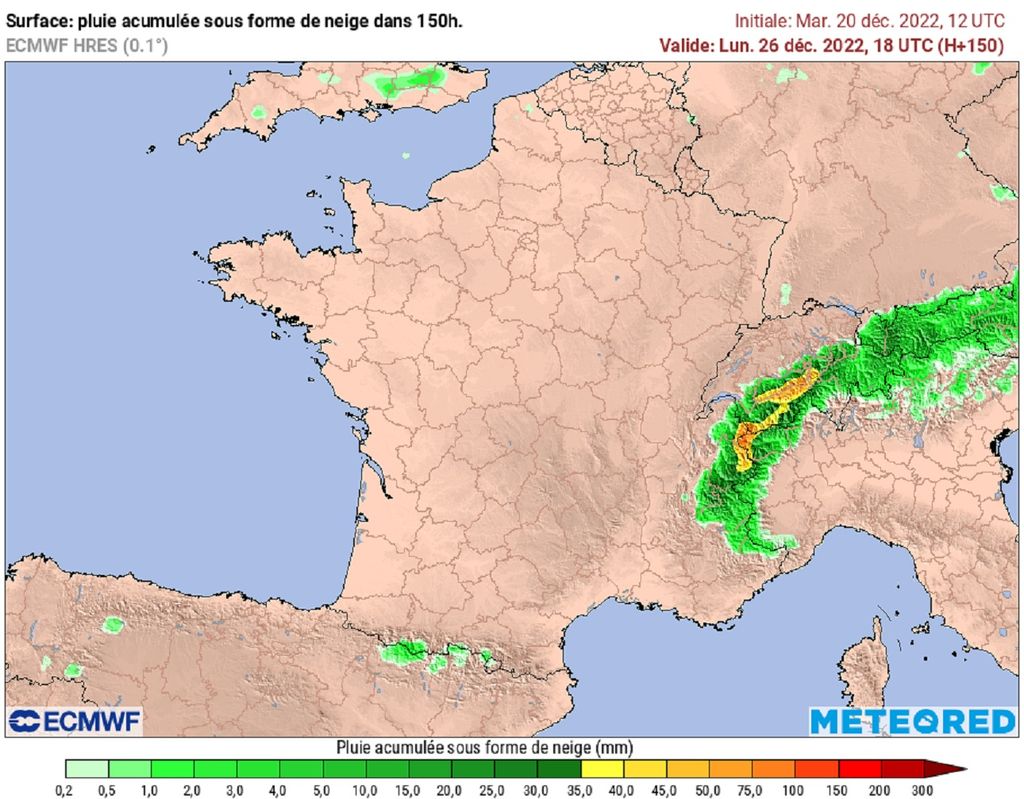 D'ici le début de semaine prochaine, la neige sera aux abonnées absentes. Exception faite des plus hauts sommets alpins (modèle ECMWF via tameteo).