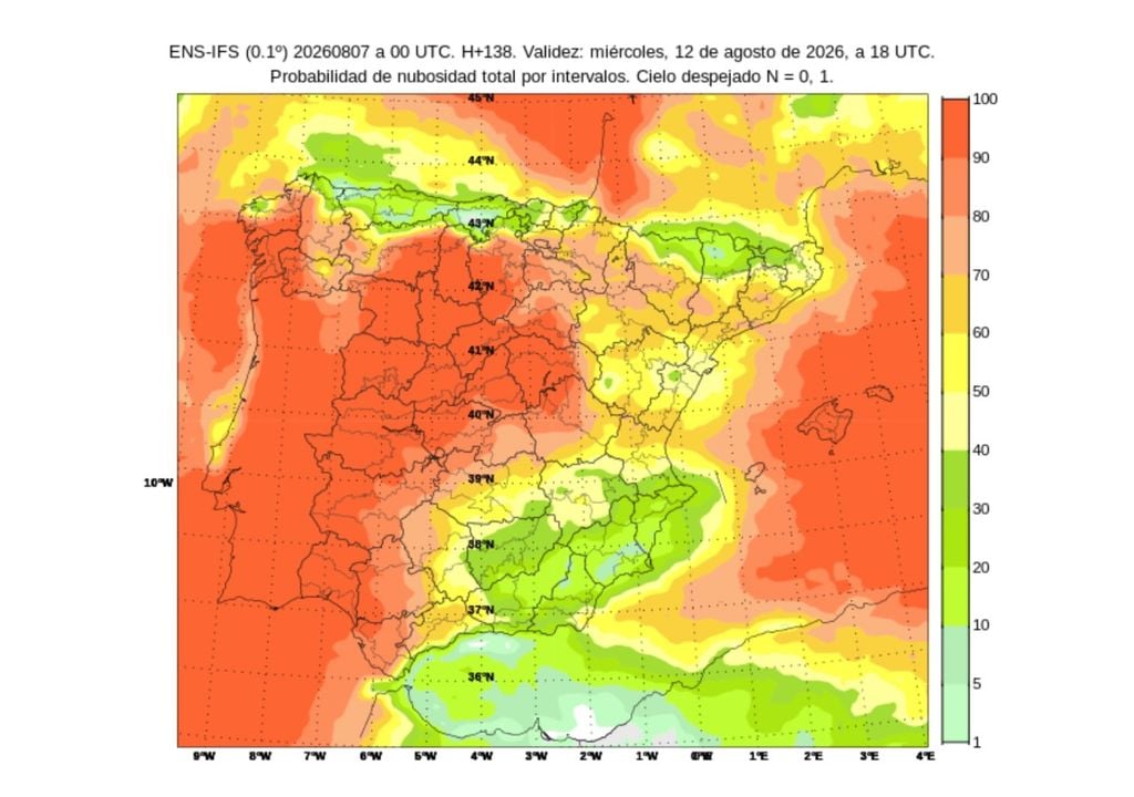 Probabilità di cielo sereno alle 20:00 di mercoledì prossimo: i colori rossi e arancioni indicano alte probabilità di cielo sereno a quell'ora.