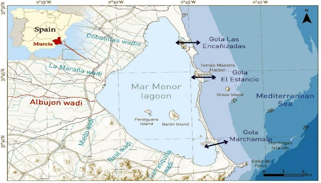 Imagen del Mar Menor y zonas de interés. Barba-Ceballos, P., et al, Journal of Hydrology, 672, 135346. https://doi.org/10.1016/j.jhydrol.2026.135346