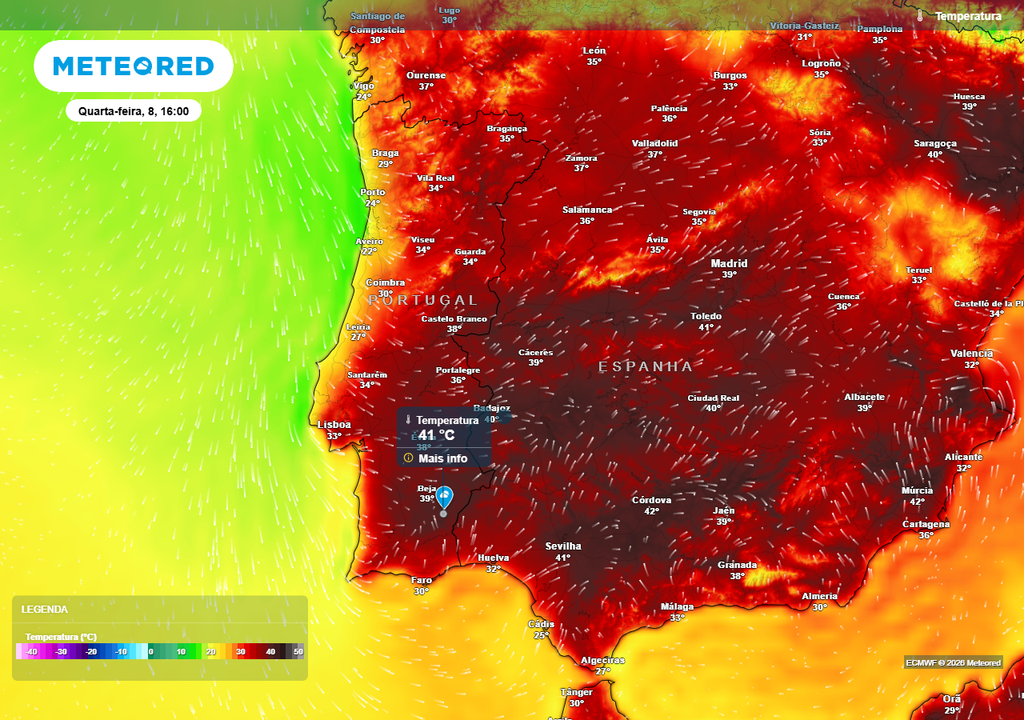 O Vale do Guadiana poderá registar a temperatura máxima mais elevada na quarta-feira, 8 de julho, estando previstos 41 ºC.