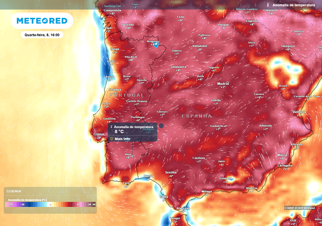 No interior as temperaturas continuarão a registar valores até 8 ºC acima dos valores médios de referência.