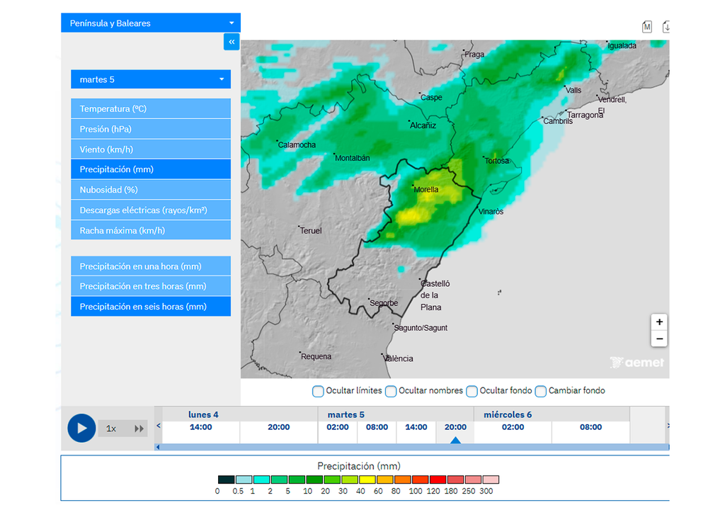 El modelo Harmonie muestra probables tormentas muy intensas para esta tarde en el norte de Castellón. Durante la jornada de ayer ya se registraron aguaceros intensos y granizadas en esta provincia.