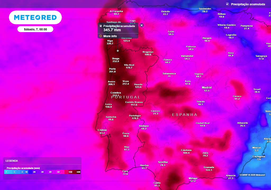 Existe a possibilidade de locais montanhosos do Norte e Centro ultrapassarem facilmente os 300 mm de chuva acumulada até ao próximo sábado, 7 de fevereiro.