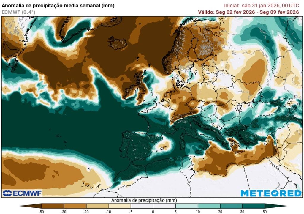 Anomalia de precipitação prevista pelo modelo ECMWF para a Europa na semana de 2 a 9 de fevereiro.