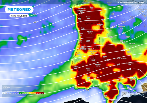 Mapas de chuva entre 2 e 8 de fevereiro: ser&aacute; uma semana muito chuvosa em Portugal; as zonas destacadas