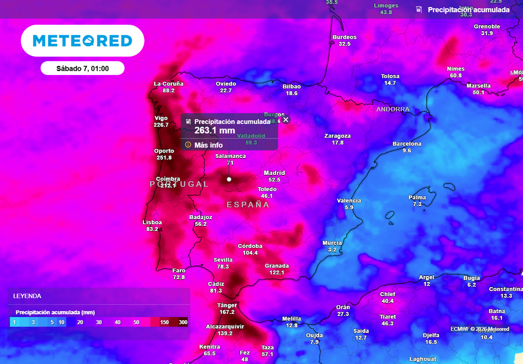 En algunos sectores expuestos de la vertiente atlántica se acumularán más de 250 l/m2 en esta próxima semana.