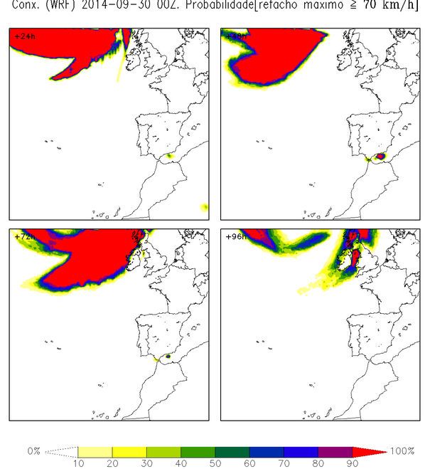 Mapas Probabilísticos Liberados Por Meteogalicia Probabilidad de rachas máximas superiores a 70 km/h