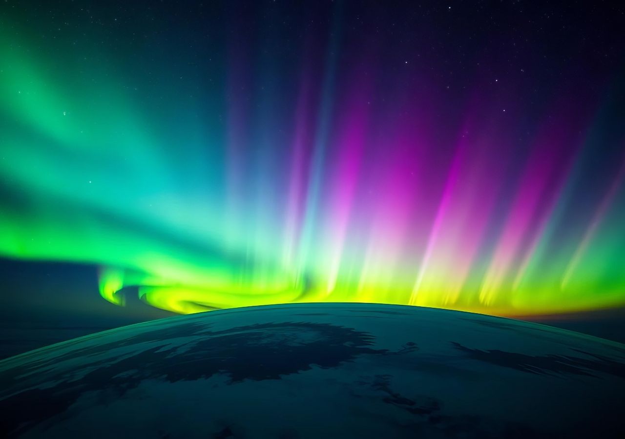 A ionosfera é uma camada entre 50 e 1500 km acima da Terra, cheia de partículas carregadas provenientes da radiação solar. É também onde se formam as auroras.