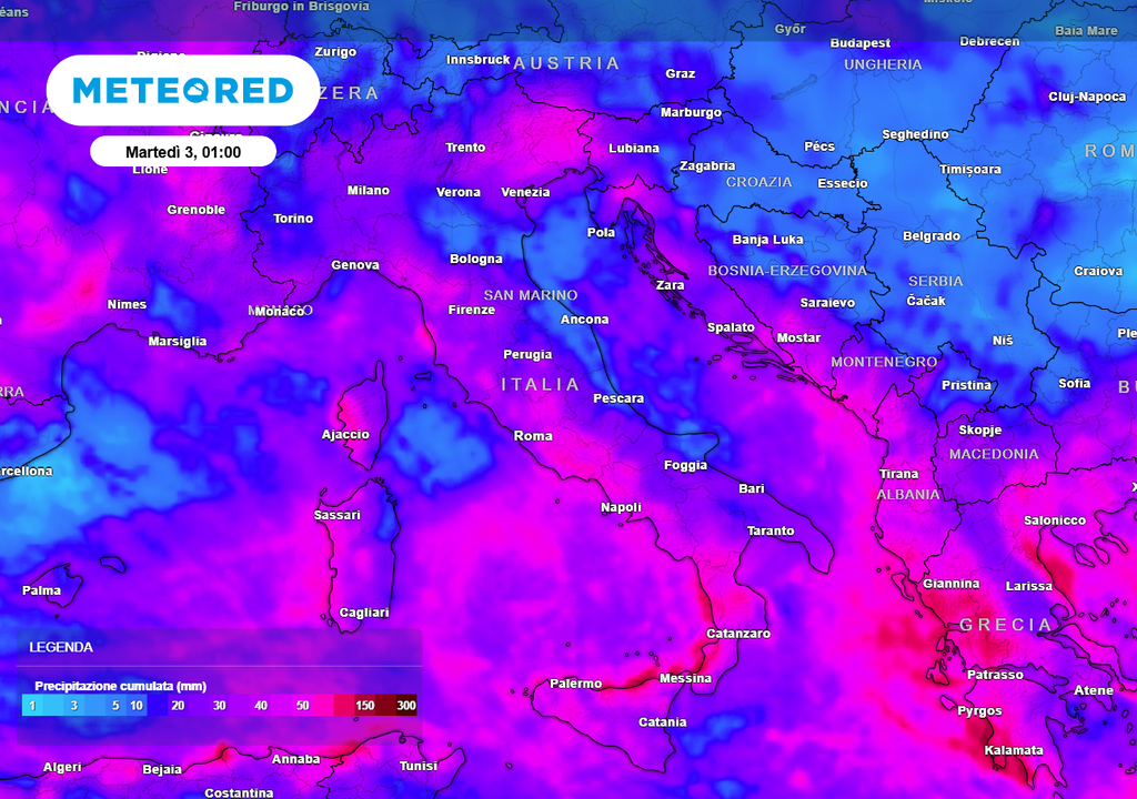 Accumuli significativi sull'Italia: una media di 50 mm in 7 giorni