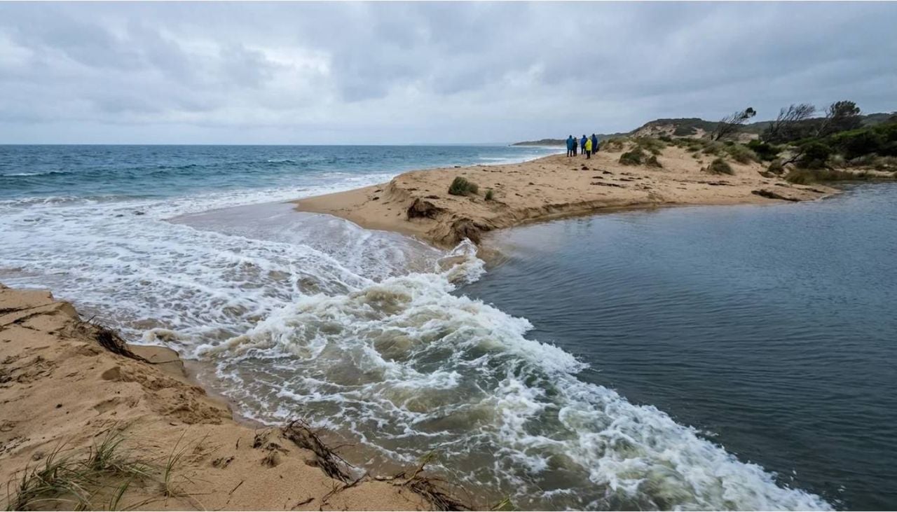 Lagoa Vermelha perdeu sua coloração característica ao se misturar com a água do mar após rompimento de faixa de areia na Praia do Foguete, em Cabo Frio (RJ). Crédito: Nano Banana (Google Image).