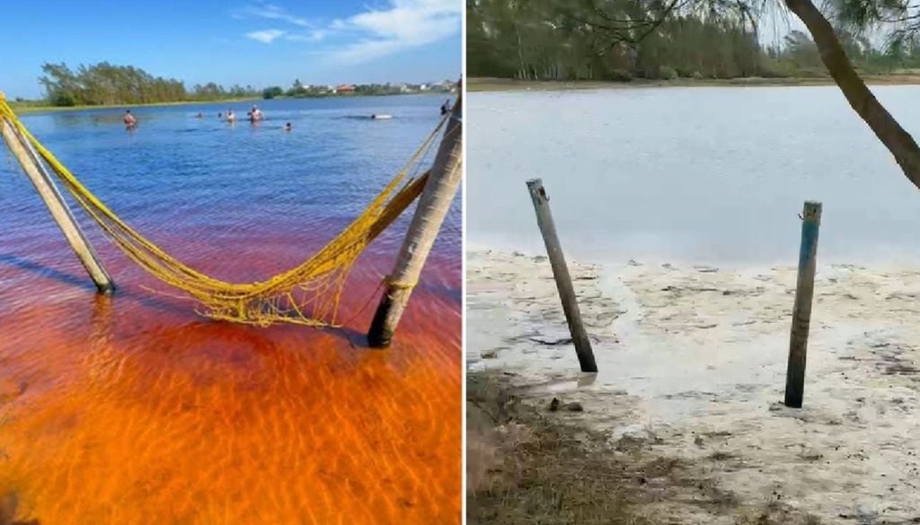 Lagoa Vermelha perde cor avermelhada característica e esvazia após ligação com o mar (imagem antes e depois da lagoa escoar para o mar). Crédito: G1/Reprodução.
