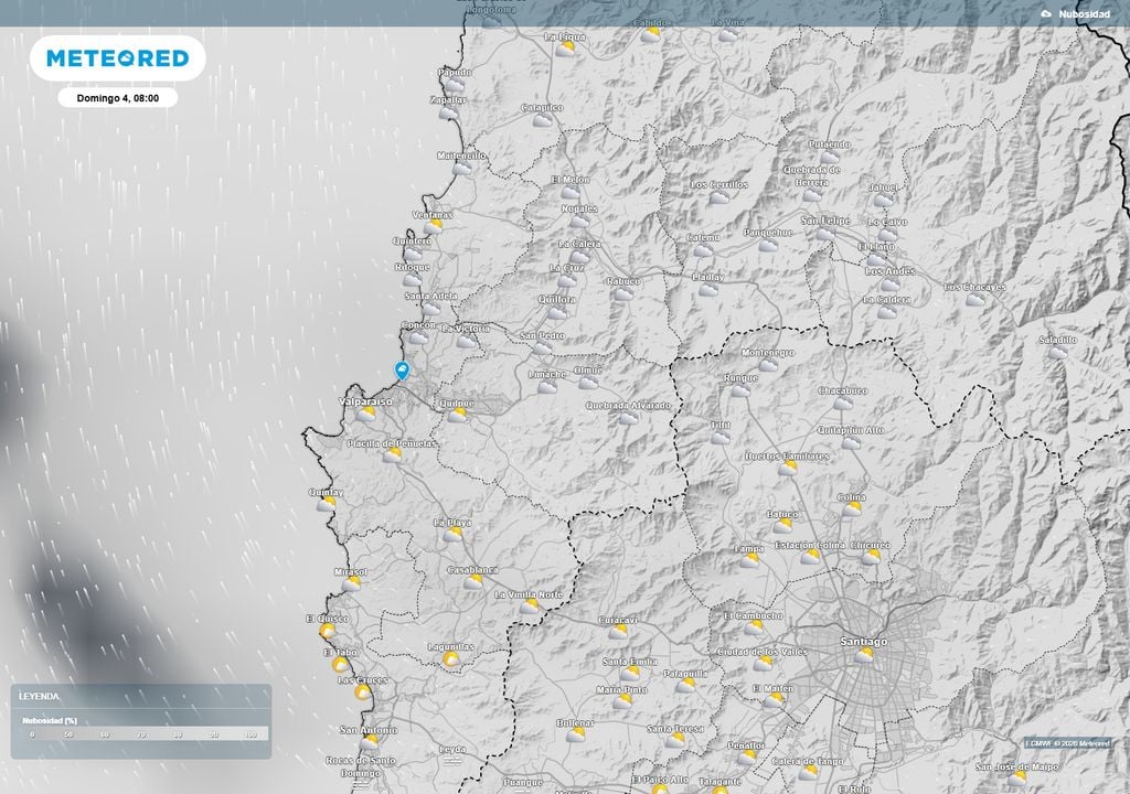 mapa de nubosidad La mañana del domingo 4 se proyecta con abundante nubosidad sobre buena parte de la Región de Valparaíso, especialmente en la costa, donde también se mantendrá el viento.
