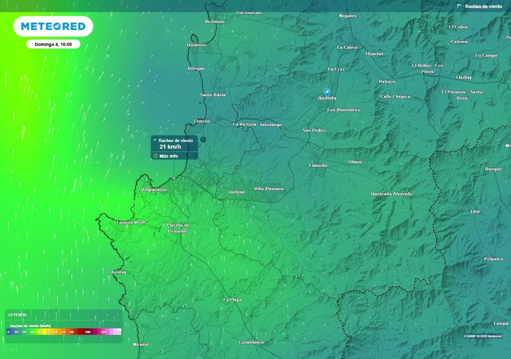 mapa de rachas de viento. Se esperan rachas de viento bordeando los 20 km/h en el horario de la competencia.
