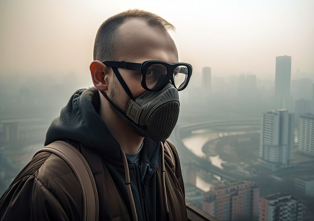 contaminación ambiental; persona con mascarilla; gases de efecto invernadero