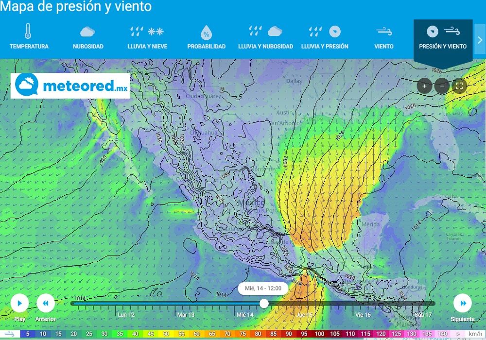 Pronóstico de viento y presión para el 14/11/2018