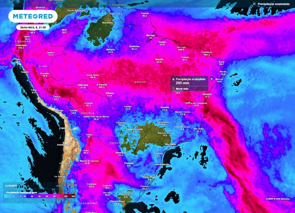 Acumulado de chuva até a sexta-feira, 6 de março.