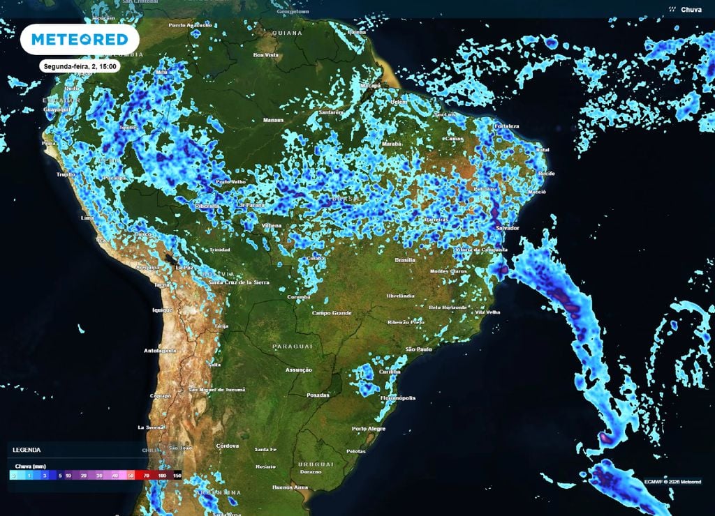 Previsão de chuva no período da tarde da segunda-feira, 2 de março.