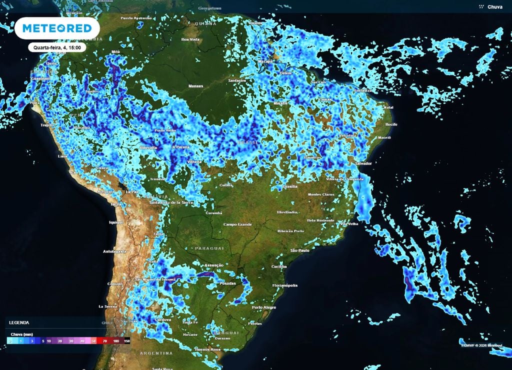 Previsão de chuvas para a tarde da quarta-feira, 4 de março.