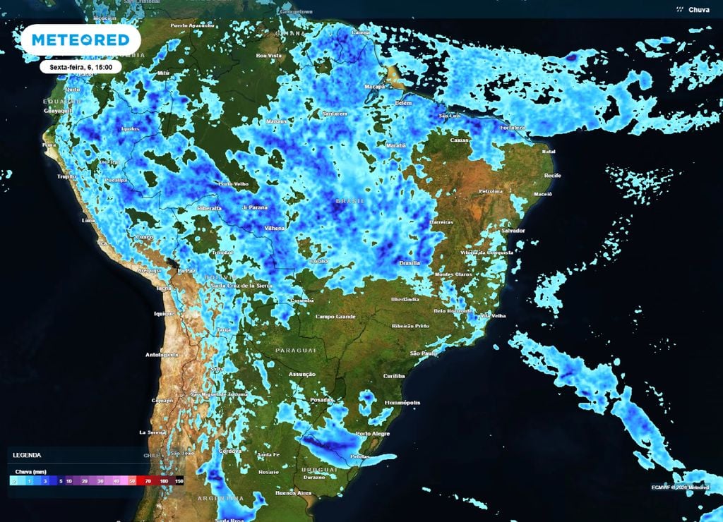 Previsão de chuvas para a tarde da sexta-feira, 6 de março.