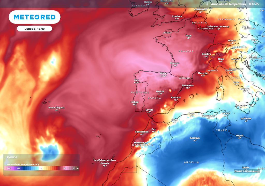 Anomalía de temperatura a 1500 m de altitud el lunes 6 de julio, donde se aprecia el domo de calor en las inmediaciones de nuestra geografía.