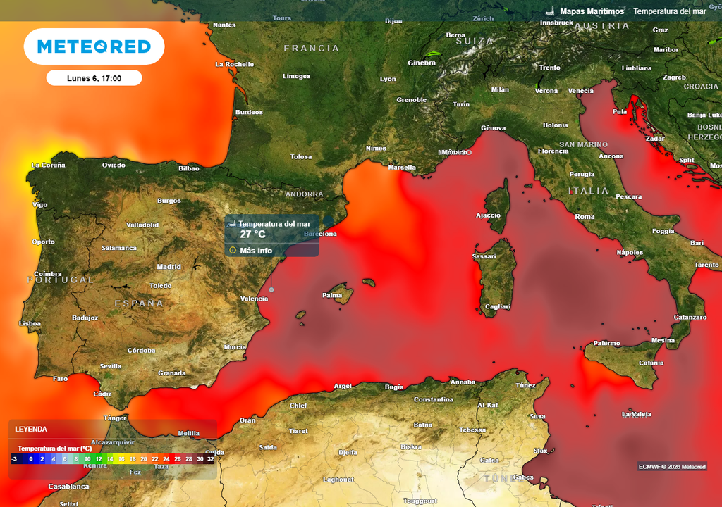 Temperatura de la superficie del Mediterráneo occidental el lunes 6 de julio: 25 ºC en las costas andaluzas, 27 ºC en las costas valencianas y 29 ºC en el archipiélago balear.