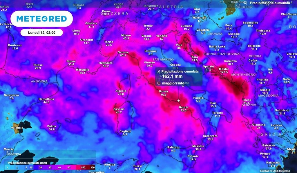 Precipitazione cumulata Durante questa ondata di maltempo tra Lazio e Campania potremo avere precipitazioni cumulate oltre i 150 mm.