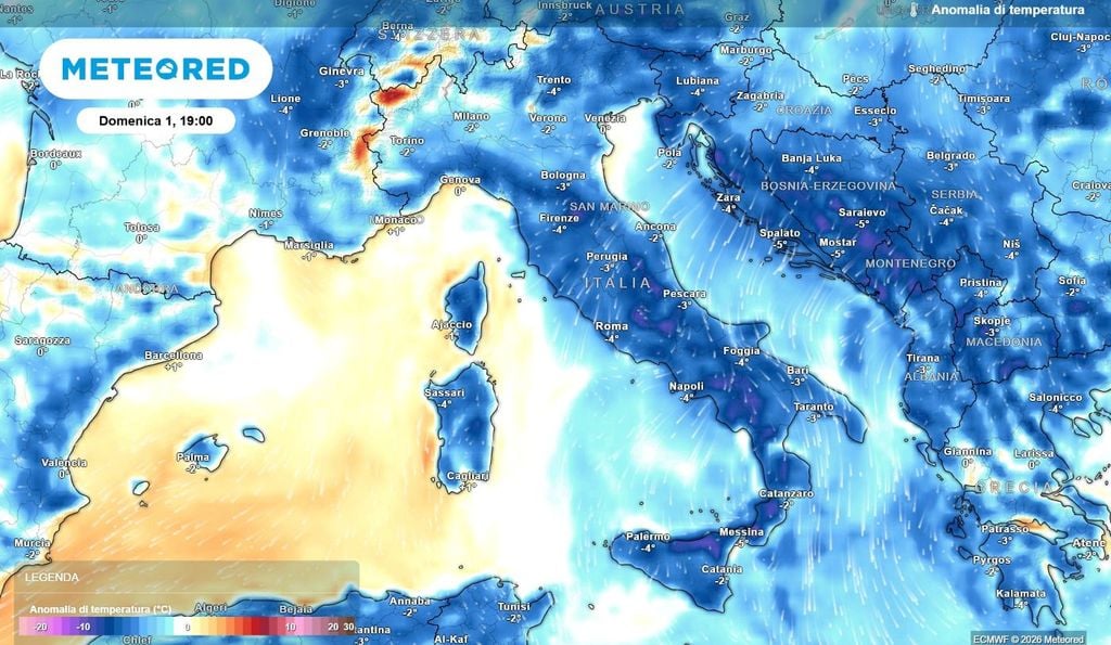 La giornata di domenica sarà caratterizzata da anomalie termiche negative su praticamente tutta l'Italia.