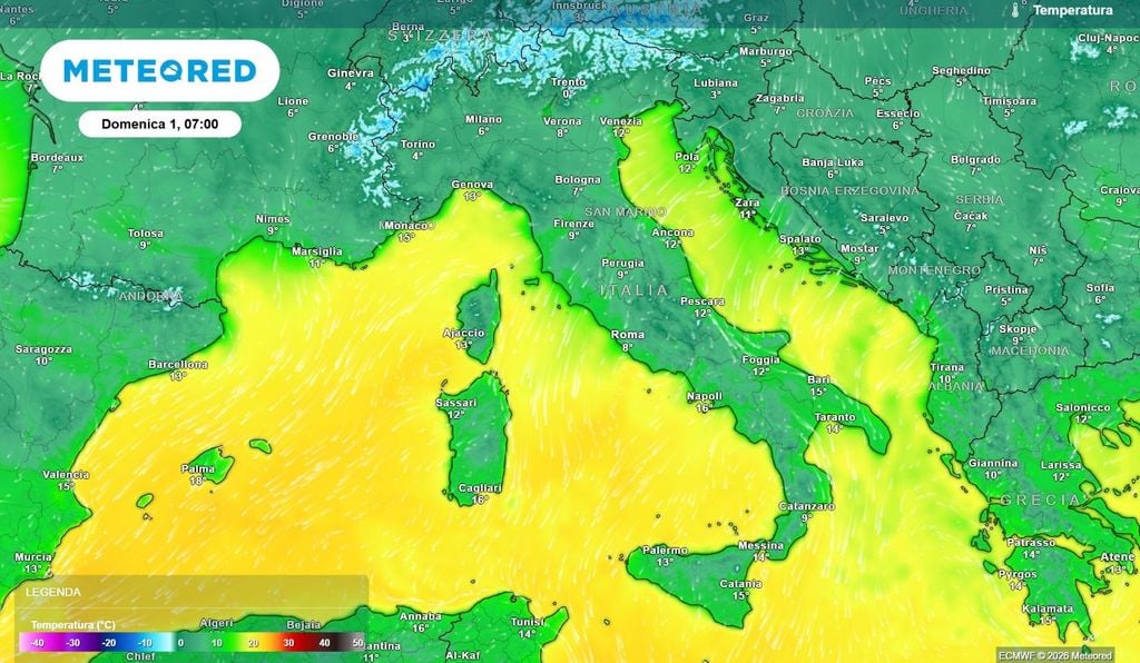Nella notte di domenica le temperature minime si porteranno intorno ai 5 °C nelle maggiori città del nord.