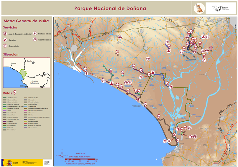 Mapa del Parque Nacional de Doñana en el suroeste de la península ibérica. MITECO