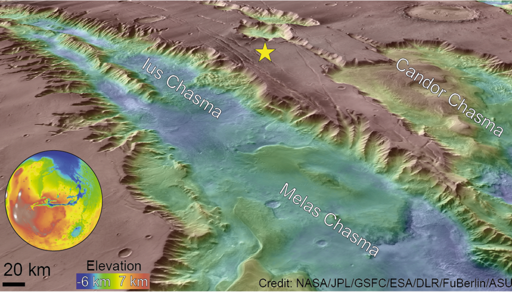 Karte der westlichen Valles Marineris, der gelbe Stern zeigt das Epizentrum des Marsbebens an. Karte der westlichen Valles Marineris, der gelbe Stern zeigt das Epizentrum des Marsbebens an. Bild: NASA/JPL/GSFC/ESA/DLR/FU Berlin/ASU/J. Davis