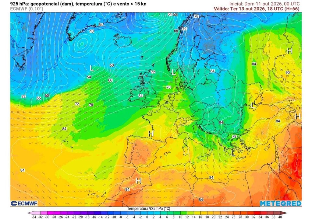 Tmperatura e geopotencial 925 hPa Uma massa de ar anormalmente quente para meados de outubro irá instalar-se sobre a Península Ibérica, contrastando com o ar bastante mais frio presente em grande parte da Europa.