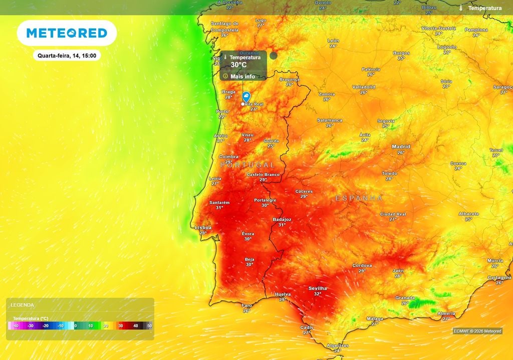 Temperatura Quarta-feira deverá ser o dia mais quente da semana, com vários locais a atingirem ou ultrapassarem os 30 ºC. O valor mais elevado poderá rondar os 33 ºC na região de Coruche.
