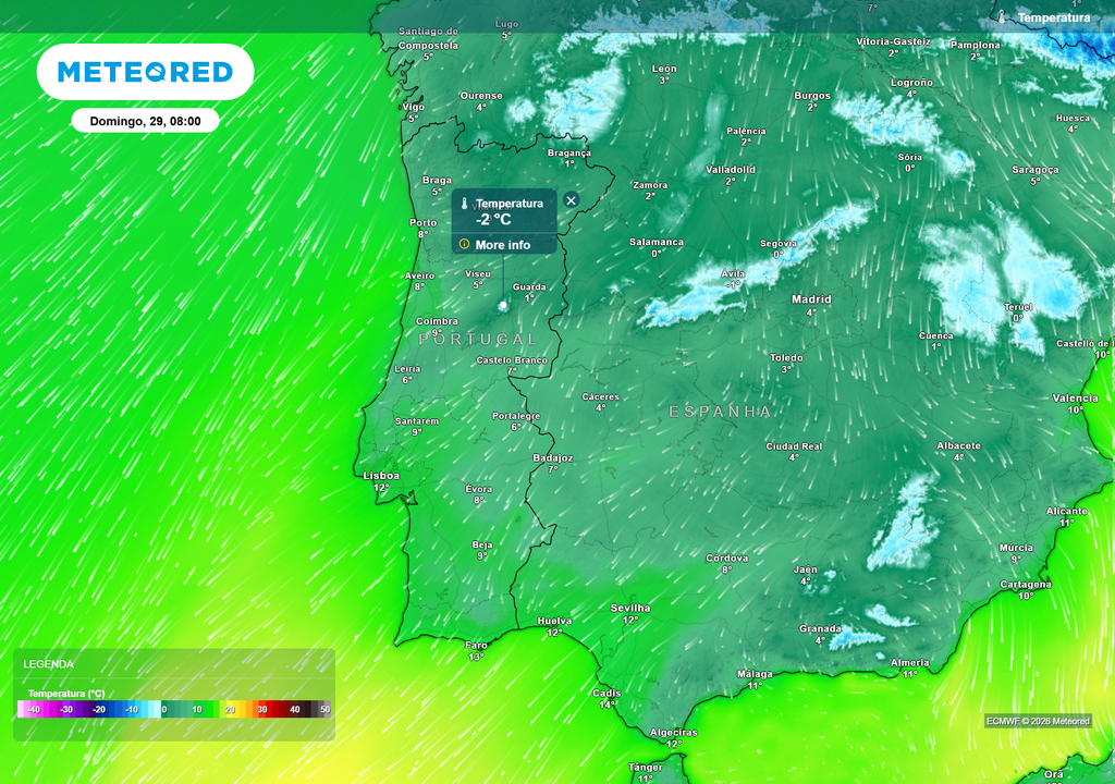 Madrugada de domingo com frio intenso: valores negativos na Serra da Estrela e no nordeste transmontano, contrastando com mínimas mais suaves no Sul.