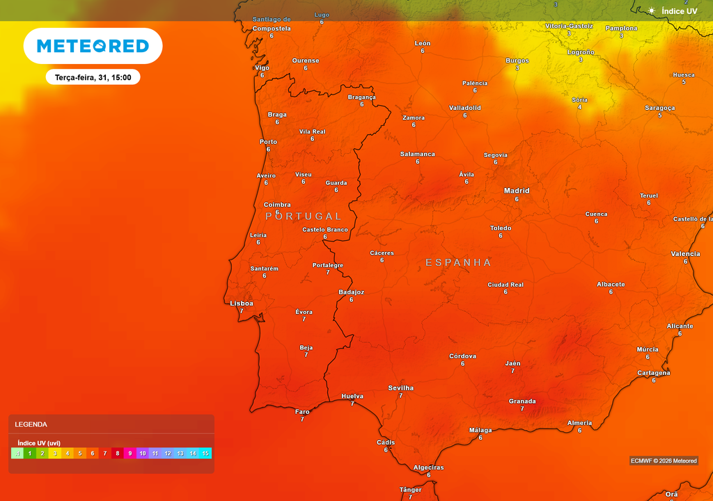 Valores elevados de índice UV (6 a 7) em todo o território, refletindo céu limpo e maior incidência de radiação solar.