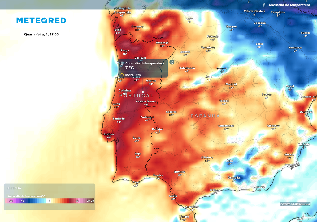 Temperaturas acima da média climatológica em todo o país, com anomalias positivas até +7 ºC, típicas de períodos mais avançados da primavera.