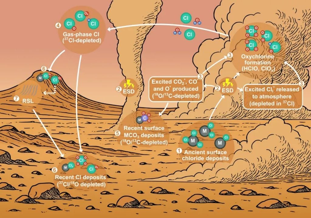 Modelo del ciclo químico en Marte impulsado por las descargas electrostáticas de las tormentas de polvo. Crédito: WUSL.