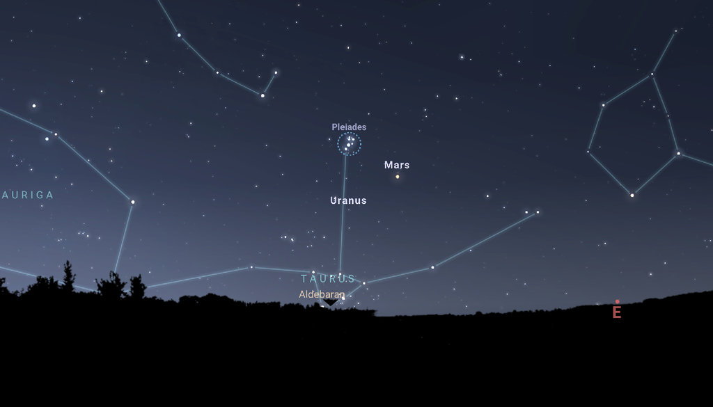 La congiunzione tra le Pleiadi e Marte sarà visibile per circa 2 ore prima dell'alba nella settimana a cavallo del 27 Giugno, giorno di massimo avvicinamento. Credit: Stellarium web (https://stellarium-web.org/)