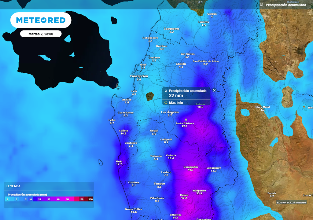 Martes 02 de septiembre con lluvias en el Biobío, Meteored, Chile