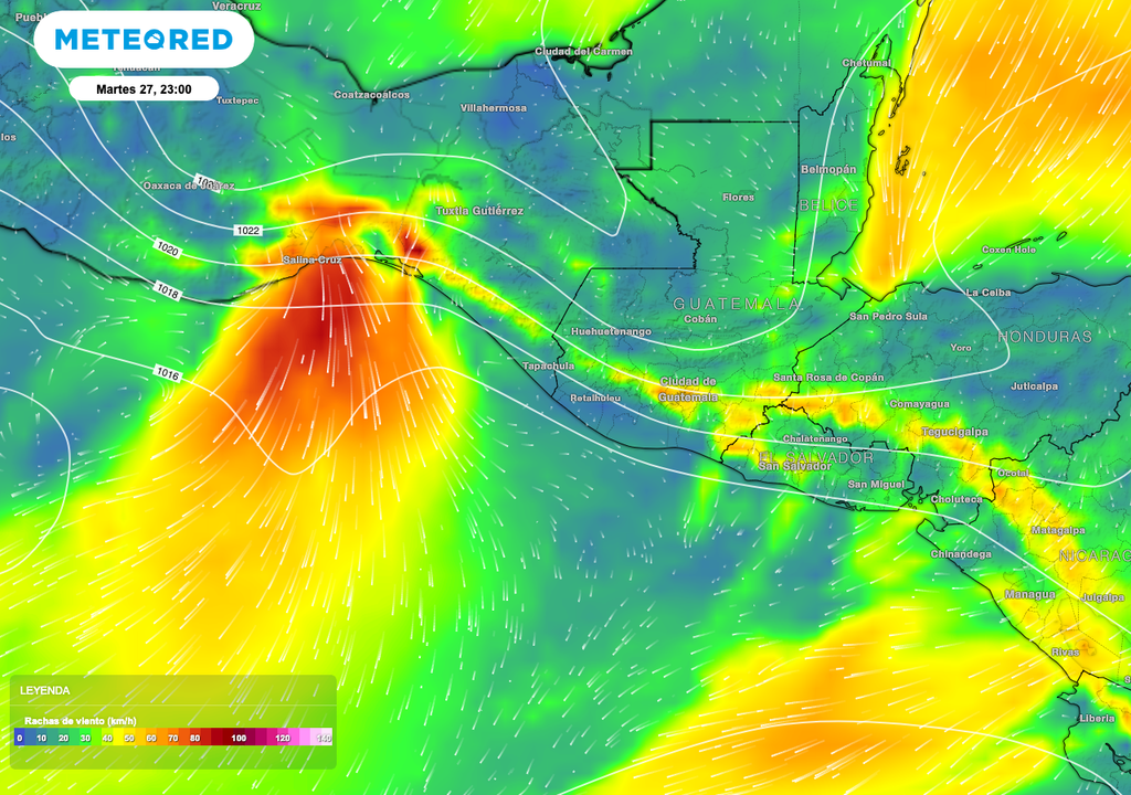 Los vientos más fuertes, son las rachas de 90 a 100 km/h que se registran en el Istmo y Golfo de Tehuantepec que contempla a los estados de Oaxaca y Chiapas.