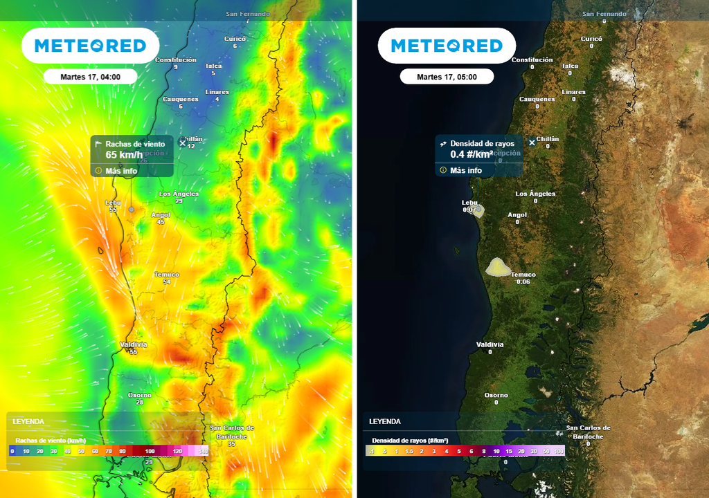Rachas de viento (km/h) -imagen izquierda- y densidad de rayos (#/km2) -imagen derecha- para la madrugada del martes 17 de febrero 2026 en Chile centro sur.