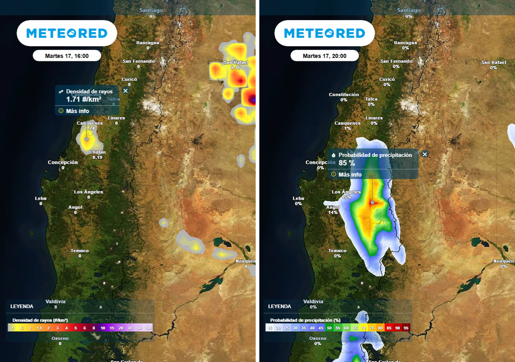 Densidad de rayos (#/km2) -imagen izquierda- y probabilidad de precipitación (%) -imagen derecha- para la tarde del martes 17 de febrero 2026 en Chile centro sur.