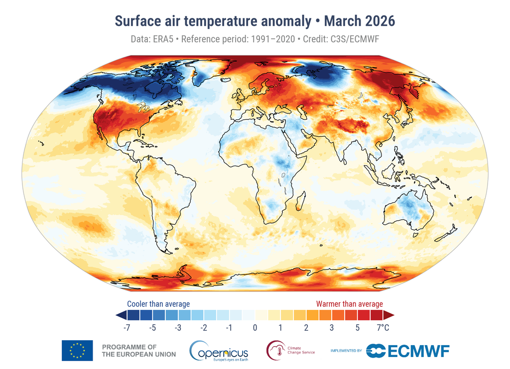 Anomalía de la temperatura del aire en superficie en marzo de 2026 con respecto a la media de marzo para el periodo 1991-2020. Fuente de datos: ERA5. Crédito: C3S/CEPMPM.