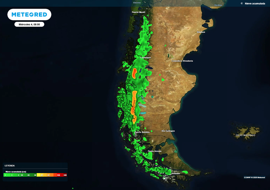 El descenso de las temperaturas permitirá que se produzcan precipitaciones sólidas en algunos sectores altos de la Patagonia con el paso del nuevo sistema frontal que llegará a Chile en la noche de esta lunes 02 de marzo.